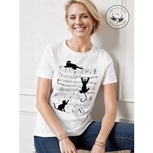 Dames T-shirt 100% katoen Kat Afdrukken Dagelijks Weekend Modieus Korte mouw Ronde hals Wit Zomer