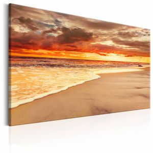 Schilderij - Prachtige zonsondergang  , oranje , strand