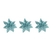 3x stuks decoratie bloemen kerstster ijsblauw glitter op clip 15 cm - thumbnail