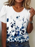 Floral Casual Crew Neck Jersey T-Shirt - thumbnail