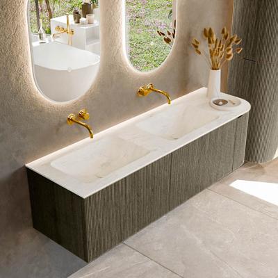 Badmeubel Mondiaz Kurve-Dlux | 155 cm cm | Meubelkleur Shadow | Wastafelkleur Opalo | Solid surface | Dubbel / Links spoelbak | Zonder kraangat(en)