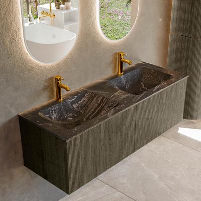 Badmeubel Mondiaz Kurve-Dlux | 130 cm cm | Meubelkleur Shadow | Wastafelkleur Lava | Solid surface | Wasbak beiden zijden spoelbak | 2 kraangaten