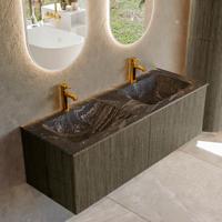 Badmeubel Mondiaz Kurve-Dlux | 130 cm cm | Meubelkleur Shadow | Wastafelkleur Lava | Solid surface | Wasbak beiden zijden spoelbak | 2 kraangaten