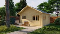 Tuindeco Big Blokhut Llanes 590x530 cm + luifel 70 cm 44 mm vuren blank- Zadeldak- Onbehandeld vurenhout- Tuindeco