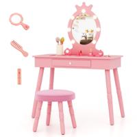 Kinderkaptafel Set met Verlichte Spiegel Tafel en Kruk Set met Verstelbare Verlichting Grote Lade Gestoffeerde Kruk