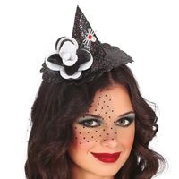 Halloween heksenhoed - mini hoedje op diadeem - one size - zwart glitter - meisjes/dames - thumbnail