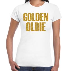 Verkleed T-shirt dames - golden oldie -  wit - glitter goud - themafeest fout/goud/stout