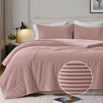 Sale: -30% | Dekbedovertrek Teddy Rib - Lits-Jumeaux (240x220 Cm) - Oud Roze Microvezel Teddy - Strepen - Fresh And Co - Dekbed-Discounter.nl