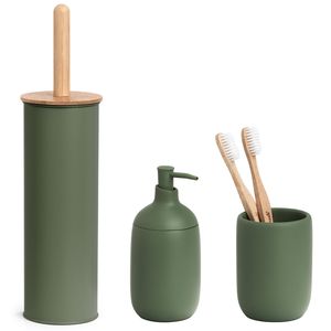 Badkamer accessoires set 3-delig - kunststeen - bamboe hout salie groen