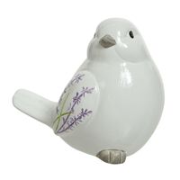 Decoratie dieren beeld vogel wit met lavendel bloemen met staart omlaag 9 cm   -
