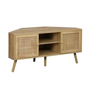 sweeek - Hoek-TV-meubel in houtdecor en rotan, 2 deuren, 1 plank, 115