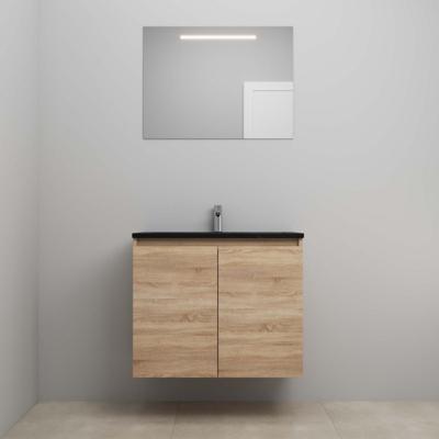 On-Line Badkamermeubelset - 80 cm - Bouwpakket - Greeploze Ladestructuur - Acryl Wastafel - 1 Kraangat - Spiegel met LED-Verlichting - Eiken