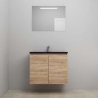On-Line Badkamermeubelset - 80 cm - Voorgemonteerd - Greeploze Ladestructuur - Acryl Wastafel - 1 Kraangat - Spiegel met LED-Verlichting - Eiken