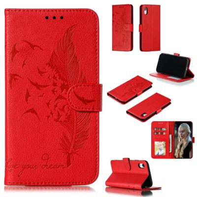 Feather patroon Litchi textuur horizontale Flip lederen draagtas met portemonnee & houder & kaartsleuven voor iPhone XR (rood)