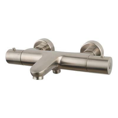 Badkraan Wiesbaden Caral | Opbouw | Thermostaatkraan | 2-weg | hoh 15 cm | 2-knops | Rond | Geborsteld staal PVD