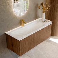 Mondiaz KURVE-DLUX 125 cm Onderkast Greeploos 1 Lade Met Deuren Walnut, Wastafel Solid Surface Links Ostra 1 Kraangat Zonder Spiegel (KRVBGM125R1L1D1KL-Wal/Ost)