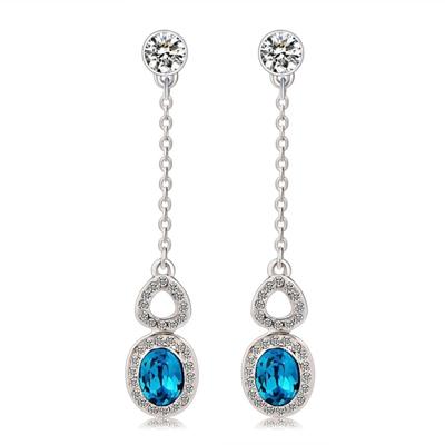 Verzilverd ingelegd helder kristal ketting met Zirkoon ingelegde blauw kristal oorbel