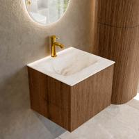 Badmeubel Mondiaz Kurve-Dlux | 50 cm | Meubelkleur Walnut | Wastafelkleur Frappe | Solid surface | Midden spoelbak | 1 kraangat Badmeubel Mondiaz Kurve-Dlux | 50 cm | Meubelkleur Walnut | Wastafelkleur Frappe | Solid surface | Midden spoelbak | 1 kraangat