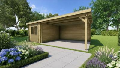 Classicline Blokhut Drenthe vuren groen geïmpregneerd 250x300 cm + overkapping 400 cm- Lessenaarsdak- - Van Kooten Classicline Blokhut Drenthe vuren groen geïmpregneerd 250x300 cm + overkapping 400 cm- Lessenaarsdak- - Van Kooten