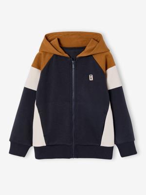 Sweater met rits jongen met capuchon coloblock okergeel