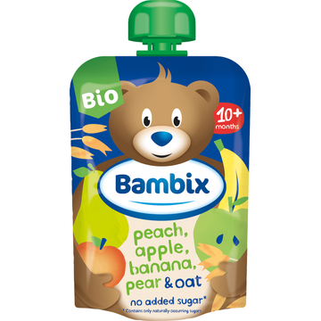 Bambix Knijpzakje Appel, Perzik, Banaan, Peer & Haver Bio 10M+ 100g bij Jumbo