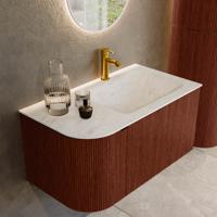 Badmeubel Mondiaz Kurve-Dlux | 85 cm cm | Meubelkleur Ruby | Wastafelkleur Opalo | Solid surface | Wasbak rechter zijde spoelbak | 1 kraangat