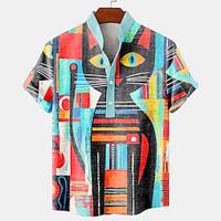 Hawaii Boho Voor heren linnen overhemd Henley-shirt Korte mouw Dagelijks gebruik Vakantie Zomer Lente Mandarijn Kraag Band Kraag nappi 3D-afdrukken Medium Geel blauw 20% linnen Lightinthebox