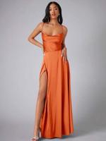 Bon&Bon Lilac Satin Bridesmaid Dress | Cowl Neck Maxi Gown with Split Orange / S