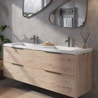 Saqu Lima badmeubel incl. dubbele glans witte wastafel 160x52x64cm naturel eiken - geborsteld zwarte greep