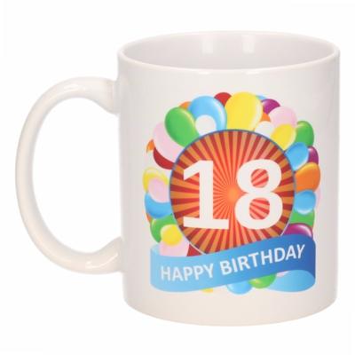 18 jaar Verjaardag koffiemok - cadeau beker - feestelijke ballonnen print - 300 ml - keramiek - wit