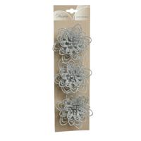 Decoratie bloemen - 3x - zilver glitter - op clip - 11 cm - thumbnail