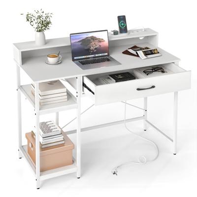 Computerbureau met Stopcontacten Bureau met Extra Lade en Twee Open Planken-Wit