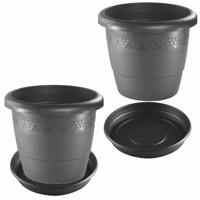 Hega Hogar 2x stuks bloempotten - met onder opvangschaal- antraciet grijs - rond - dia 40 cm
