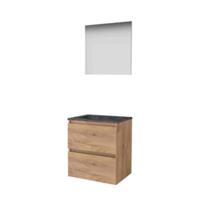 Basic-Line Basic 46 Badkamermeubelset - 60 x 46 cm - Greeploos - 2 Lades - Hardstenen Wastafel - Zonder Kraangat - Spiegel - Whisky Oak