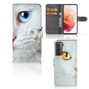 Samsung Galaxy S21 Telefoonhoesje met Pasjes Witte Kat
