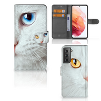 Samsung Galaxy S21 Telefoonhoesje met Pasjes Witte Kat - thumbnail