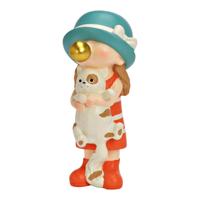 Beeldje meisje met kauwgombel en kat, van poly, gekleurd (B/H/D) 6x18x8cm