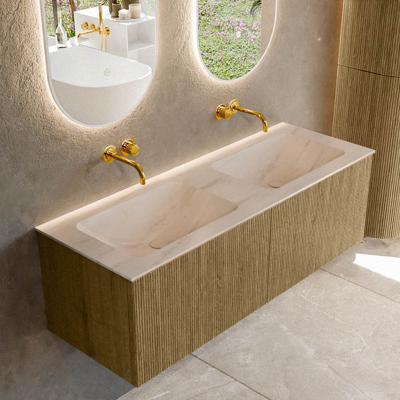 Badmeubel Mondiaz Kurve-Dlux | 130 cm | Meubelkleur Dusk | Wastafelkleur Meli | Solid surface | Wasbak beide zijden spoelbak | Zonder kraangat(en)