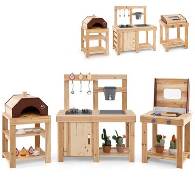 3-delig Outdoor Keuken Set Modderkeuken van Hout BBQ Grill en Pizzaoven met Waterbak