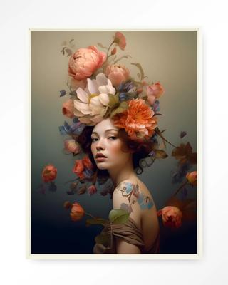 Urban Cotton Wandkleed 'Vintage Flower Girl' 80 x 110cm in Floating Frame - off white