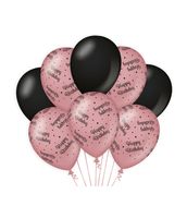 Ballonnen Happy Birthday Roze/Zwart (8st)