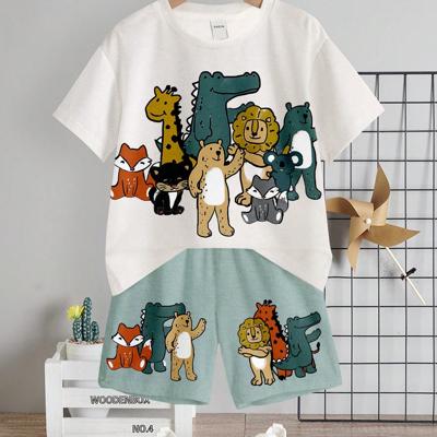 Boys' Cartoon Bear Print Short Sleeve Shirt and Shorts Set White-7 / 6Y