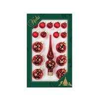 Mini kerstballen en piek set - 16-dlg - rood - glas - voor mini kerstboom - kerstversiering