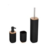 Badkamerset 3-delig - zwart - bamboe en rvs - toiletborstel - zeeppomp - beker - Badkameraccessoireset - thumbnail