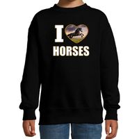 I love horses sweater / trui met dieren foto van een zwart paard zwart voor kinderen - thumbnail