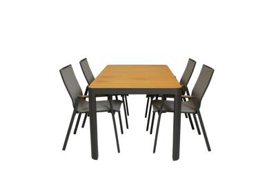 Qopps Mikos tuintafel 160 met 4 Jibba stapelbare tuinstoel met teak armlegger