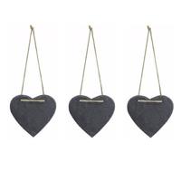 Decoratie hart - 3x stuks - 12 x 11 cm - leisteen - hangdecoratie - hartjes vorm - mini krijtbordje