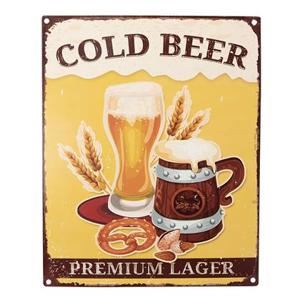 Clayre & Eef Tekstbord 20x25 cm Geel Ijzer Cold beer Wandbord