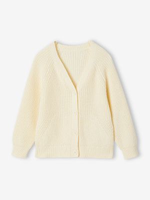 Meisjesvest met V-hals van Engels ribbreisel ecru