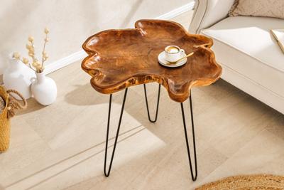 Unieke bijzettafel WILD 65cm natuurlijke teakhouten haarspeldpoten salontafel - 44708
